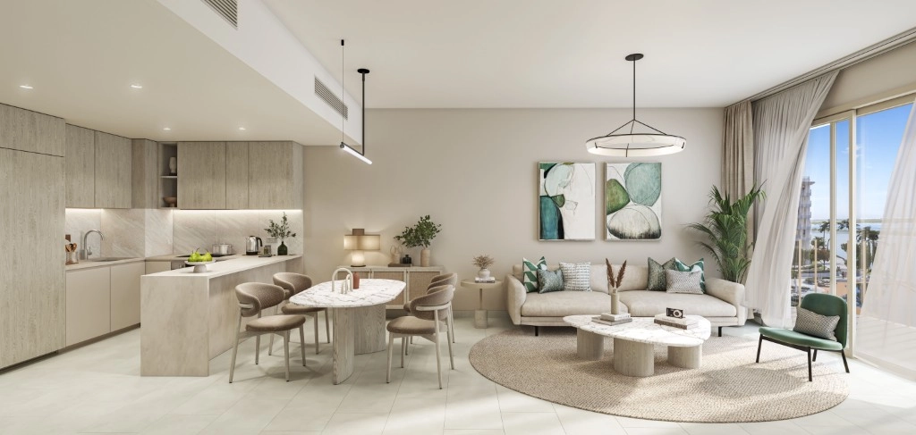 Cozy lounge space with contemporary furniture and community views